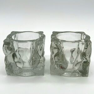 KIG Indonesia Heavy Ice Cube Square Crystal Votive Candle Holders (Set of 2)